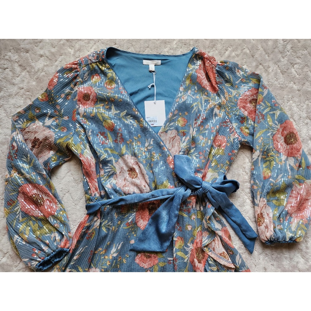 LC Lauren Conrad Floral Sequin Faux Wrap Mini Dress Blue Womens Large - Picture 5 of 7